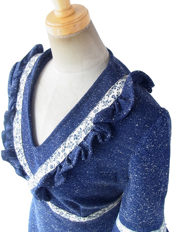 ヨーロッパ古着 フランス買い付け 70年代製 ネイビー X ホワイト 霜降 花柄リボン ギャザーデザイン ワンピース 18FC004