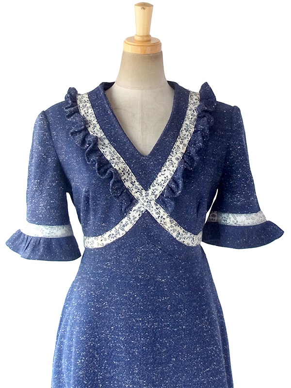 ヨーロッパ古着 フランス買い付け 70年代製 ネイビー X ホワイト 霜降 花柄リボン ギャザーデザイン ワンピース 18FC004