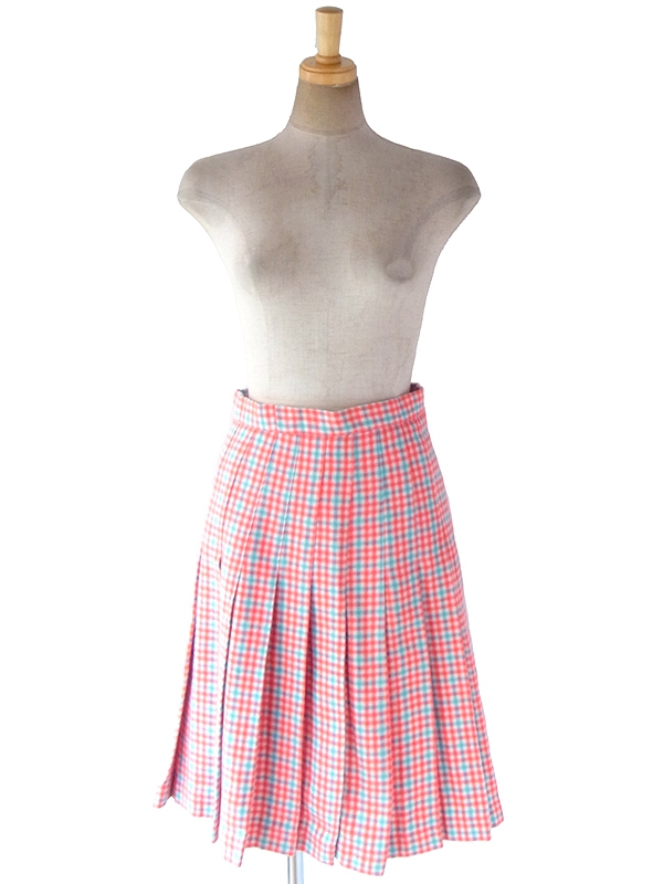 ヨーロッパ古着 フランス買い付け 60年代製 レッド X 水色 チェック柄 ウール プリーツ スカート 18FC005