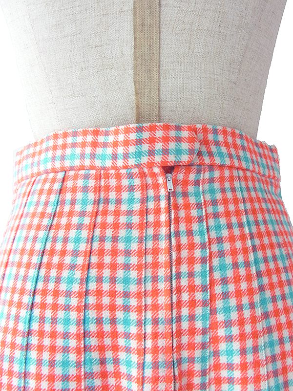 ヨーロッパ古着 フランス買い付け 60年代製 レッド X 水色 チェック柄 ウール プリーツ スカート 18FC005