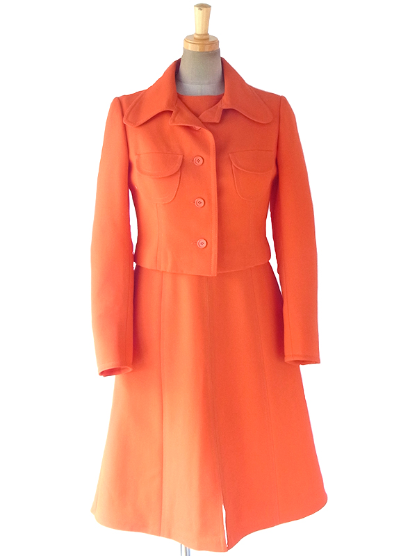 フランス買い付け 60年代製 オレンジ X ビッグステッチ ウール ジャケット・ワンピース セットアップ 18FC009