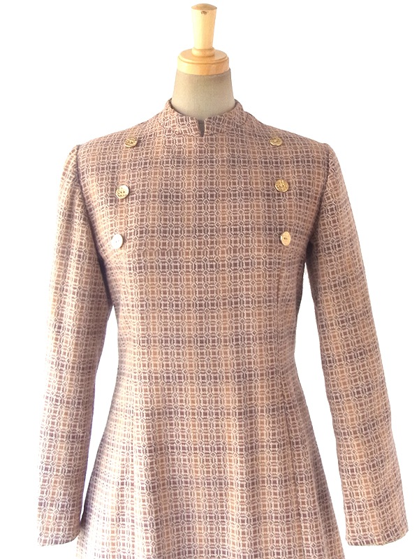 ヨーロッパ古着 フランス買い付け ６０年代製 オレンジ・ブラウン X 幾何学プリント ゴールドボタン モックネック ワンピース 18FC100