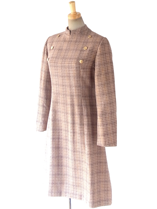 ヨーロッパ古着 フランス買い付け ６０年代製 オレンジ・ブラウン X 幾何学プリント ゴールドボタン モックネック ワンピース 18FC100