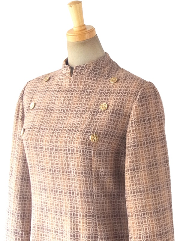 ヨーロッパ古着 フランス買い付け ６０年代製 オレンジ・ブラウン X 幾何学プリント ゴールドボタン モックネック ワンピース 18FC100