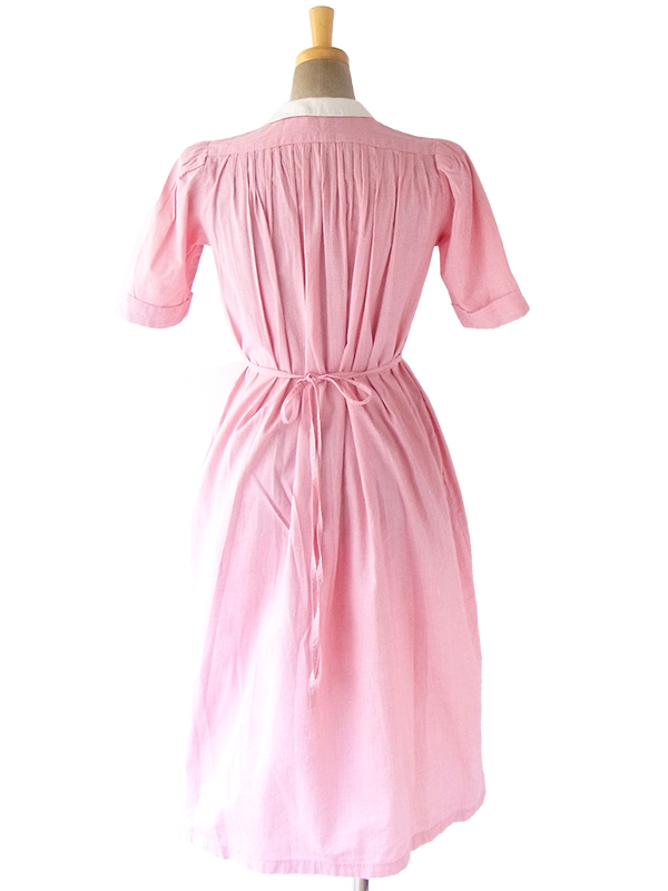 ヨーロッパ古着 フランス買い付け 60年代製 上品ピンク X ピンチェック 刺繍 プリーツ ワンピース 18FC107