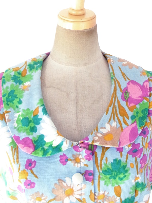 ヨーロッパ古着 60年代フランス製 水色 X カラフル花柄 ペプラム風デザイン ヴィンテージ ワンピース 18FC202