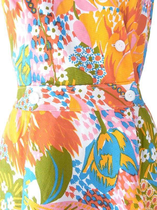 ヨーロッパ古着 フランス買い付け 60年代製 オレンジ X カラフル花柄  ヴィンテージ カシュクール ワンピース 18FC212