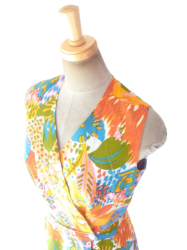 ヨーロッパ古着 フランス買い付け 60年代製 オレンジ X カラフル花柄  ヴィンテージ カシュクール ワンピース 18FC212