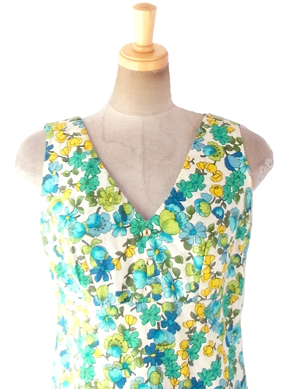 ヨーロッパ古着 フランス買い付け 60年代製 ホワイト X 涼やかな花柄 円形が控えめに浮かぶ生地 ワンピース 18FC261