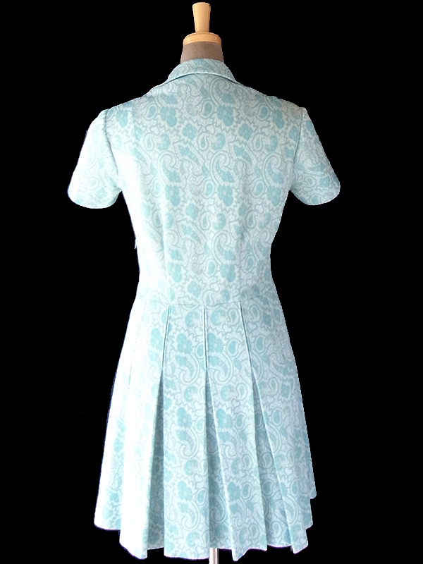 ヨーロッパ古着 フランス買い付け 60年代製 水色 X クリーム色 ペイズリー柄 可愛いボタン プリーツ ワンピース 18FC219