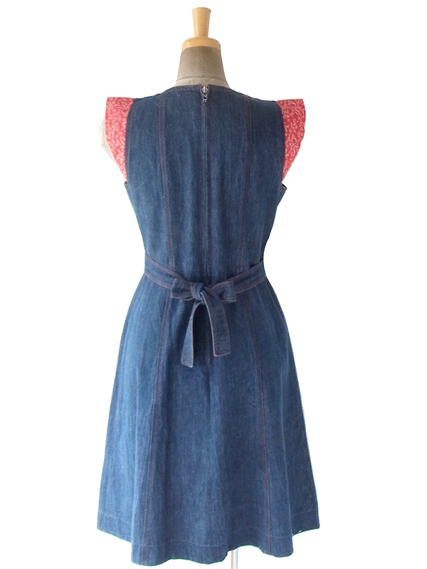 ヨーロッパ古着 フランス買い付け 60年代製 インディゴ X レッドステッチ・小花柄生地 デニム ワンピース 18FC302