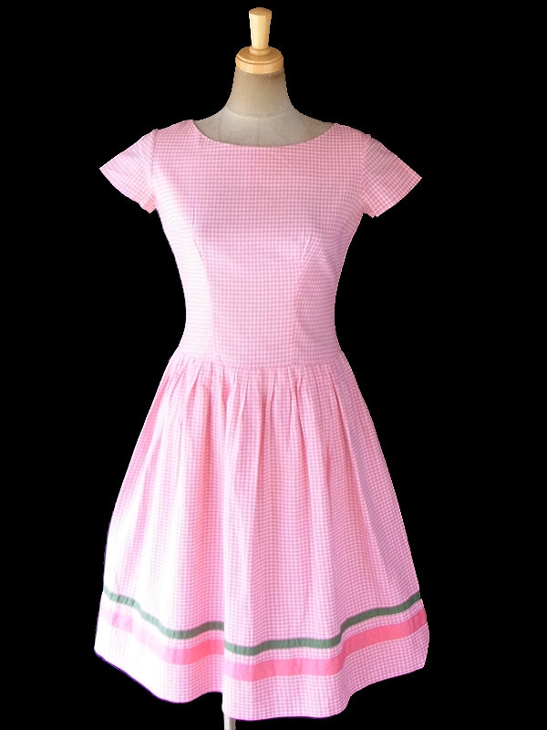 ヨーロッパ古着 フランス買い付け 60年代製 ピンク X  ギンガムチェック グリーン・ピンク テープ ワンピース 18FC304