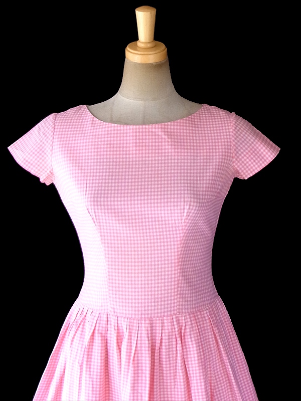 ヨーロッパ古着 フランス買い付け 60年代製 ピンク X  ギンガムチェック グリーン・ピンク テープ ワンピース 18FC304