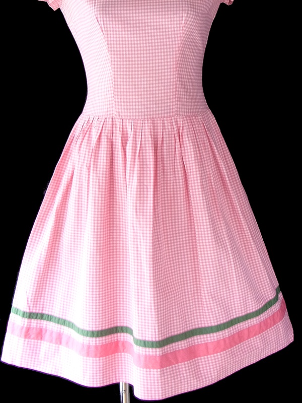 ヨーロッパ古着 フランス買い付け 60年代製 ピンク X  ギンガムチェック グリーン・ピンク テープ ワンピース 18FC304