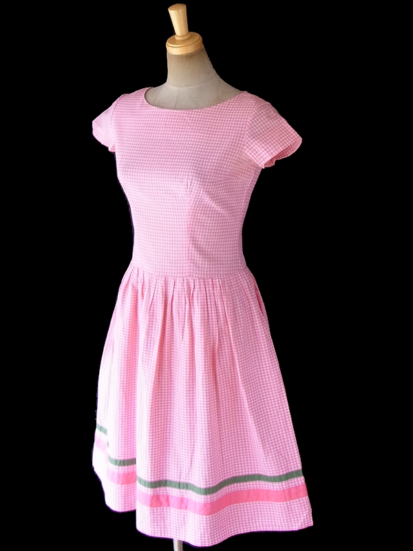 ヨーロッパ古着 フランス買い付け 60年代製 ピンク X  ギンガムチェック グリーン・ピンク テープ ワンピース 18FC304