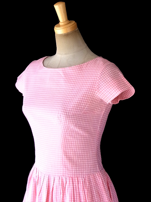 ヨーロッパ古着 フランス買い付け 60年代製 ピンク X  ギンガムチェック グリーン・ピンク テープ ワンピース 18FC304