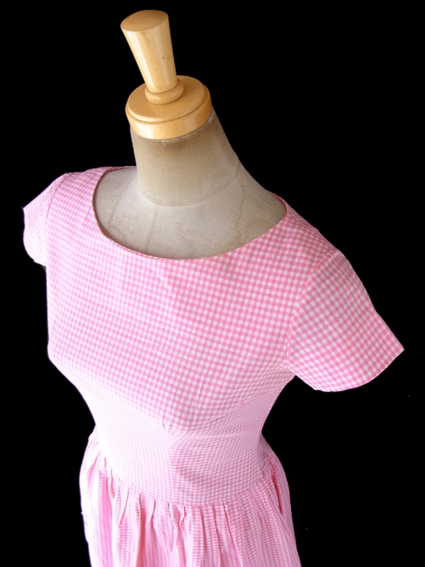 ヨーロッパ古着 フランス買い付け 60年代製 ピンク X  ギンガムチェック グリーン・ピンク テープ ワンピース 18FC304