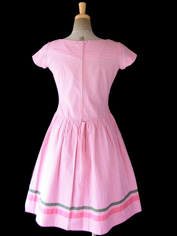 ヨーロッパ古着 フランス買い付け 60年代製 ピンク X  ギンガムチェック グリーン・ピンク テープ ワンピース 18FC304
