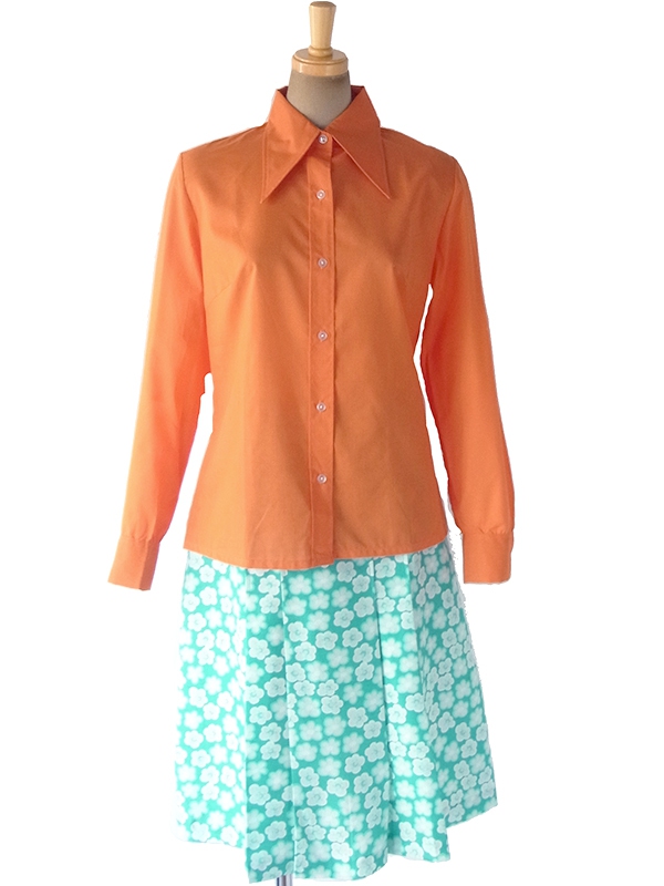 ヨーロッパ古着 フランス買い付け 60年代製 エメラルドブルー X ホワイト 花柄 プリーツ スカート 18FC315