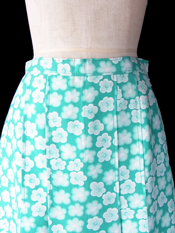 ヨーロッパ古着 フランス買い付け 60年代製 エメラルドブルー X ホワイト 花柄 プリーツ スカート 18FC315