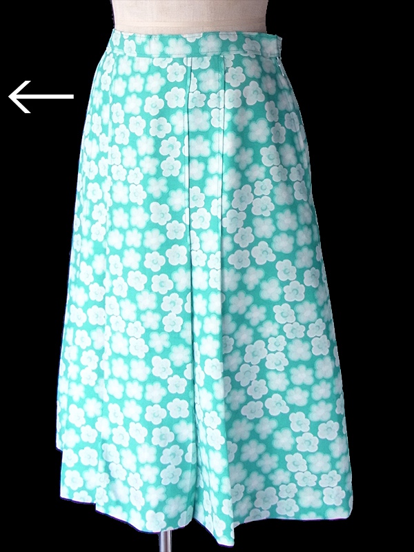 ヨーロッパ古着 フランス買い付け 60年代製 エメラルドブルー X ホワイト 花柄 プリーツ スカート 18FC315