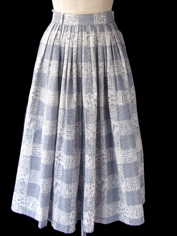 ヨーロッパ古着 60年代フランス製 アイボリー X ライトグレイ グラフィックパターン ギャザー スカート 18FC318