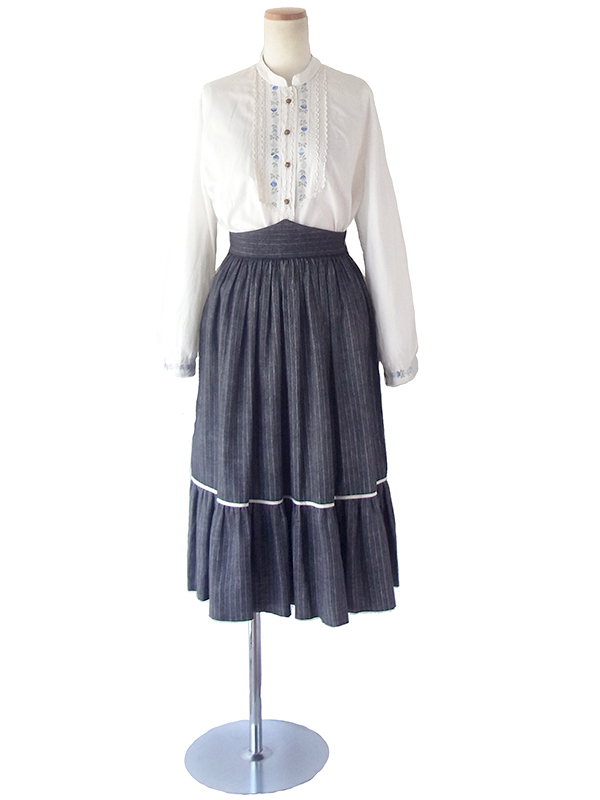 フランス買い付け 60年代製 ブラック X グラファイト ストライプ ヴィンテージ ギャザー スカート 18FC319