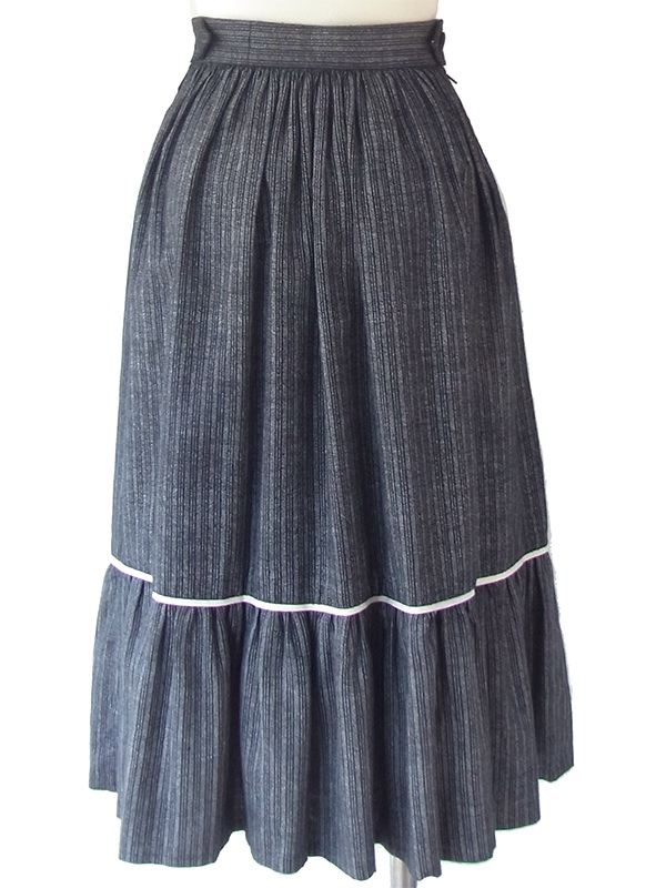 フランス買い付け 60年代製 ブラック X グラファイト ストライプ ヴィンテージ ギャザー スカート 18FC319