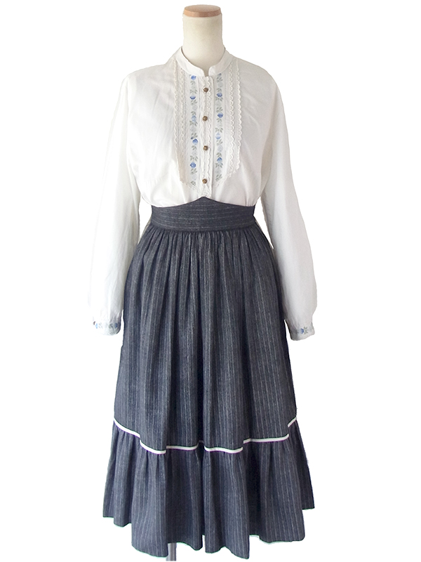 フランス買い付け 60年代製 ブラック X グラファイト ストライプ ヴィンテージ ギャザー スカート 18FC319