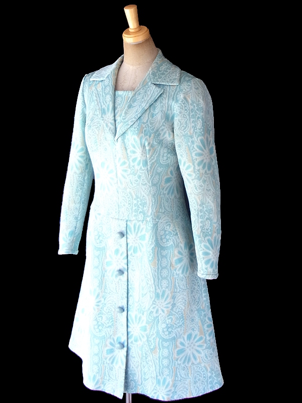 フランス買い付け 60年代製 水色 X クリーム色 花柄モチーフのレトロ柄が織られた生地 ワンピース 18FC419