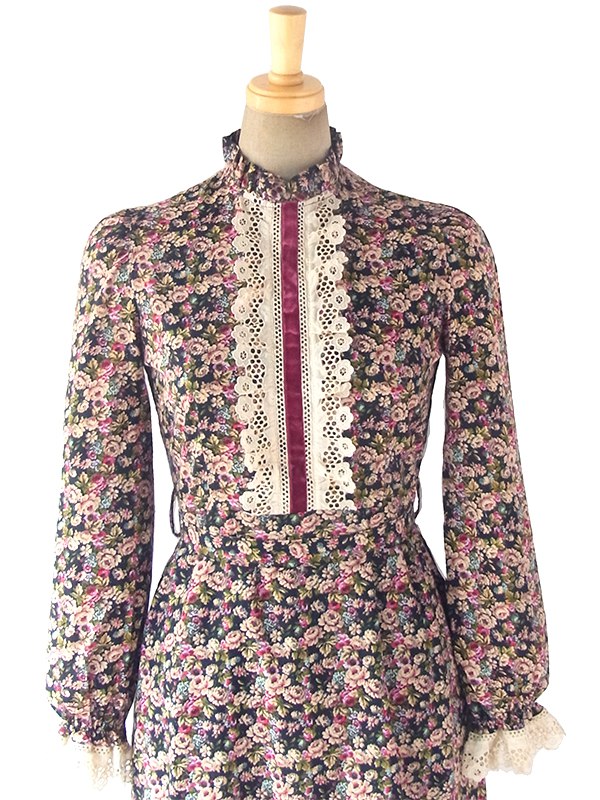 ヨーロッパ古着 ロンドン買い付け ブラック X カラフル花柄 レース・ベルベットテープ ヴィンテージ ロングドレス 18OM013