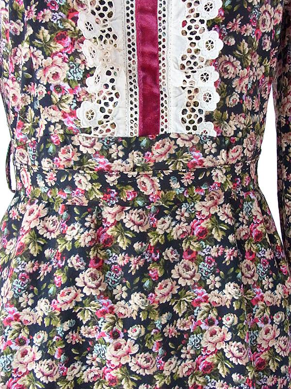 ヨーロッパ古着 ロンドン買い付け ブラック X カラフル花柄 レース・ベルベットテープ ヴィンテージ ロングドレス 18OM013