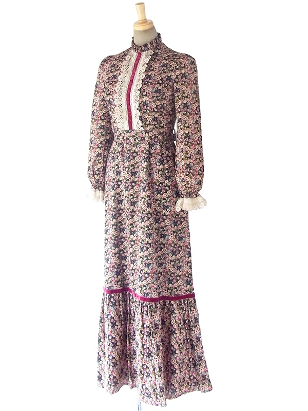 ヨーロッパ古着 ロンドン買い付け ブラック X カラフル花柄 レース・ベルベットテープ ヴィンテージ ロングドレス 18OM013