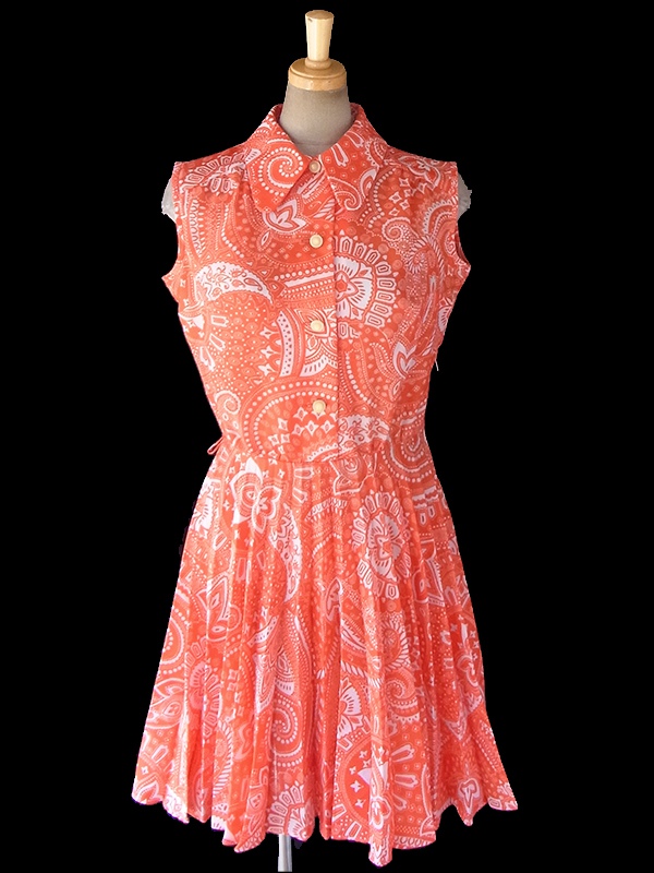 ヨーロッパ古着 ロンドン買い付け 70年代製 オレンジ X ホワイト レトロ柄 プリーツ ワンピース 18OM107