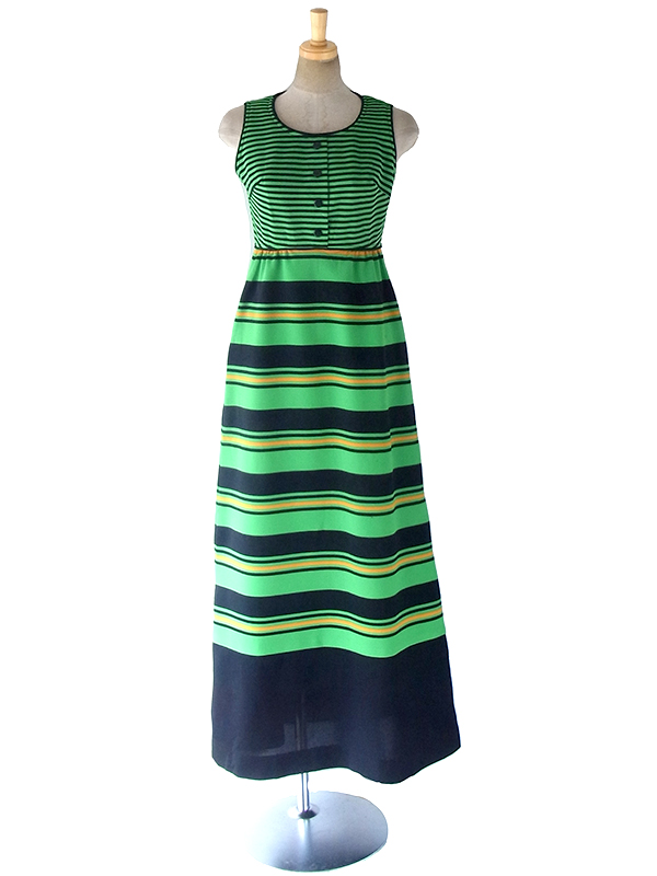 ヨーロッパ古着 ロンドン買い付け 70年代製 グリーン X ブラック・イエロー ボーダー ヴィンテージ マキシ ワンピース 18OM127