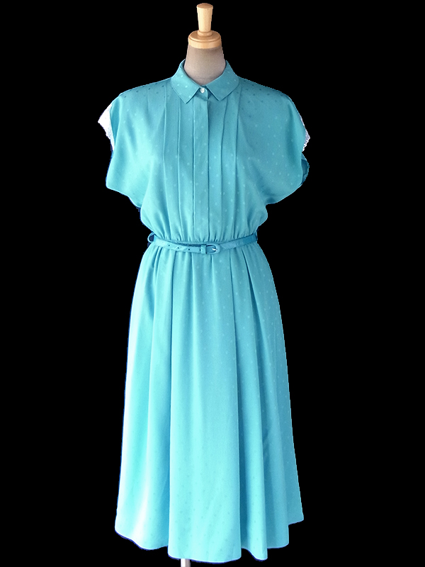 ヨーロッパ古着 ロンドン買い付け 70年代製 エメラルドブルー X 水玉の浮かぶクレープ生地 袖口レース ベルト付き ワンピース 18OM304