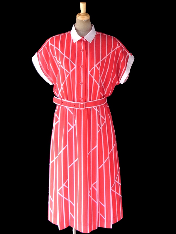 ヨーロッパ古着 ロンドン買い付け 70年代製 レッド X ホワイト ストライプ 共布ベルト付き ヴィンテージ ワンピース 18OM305