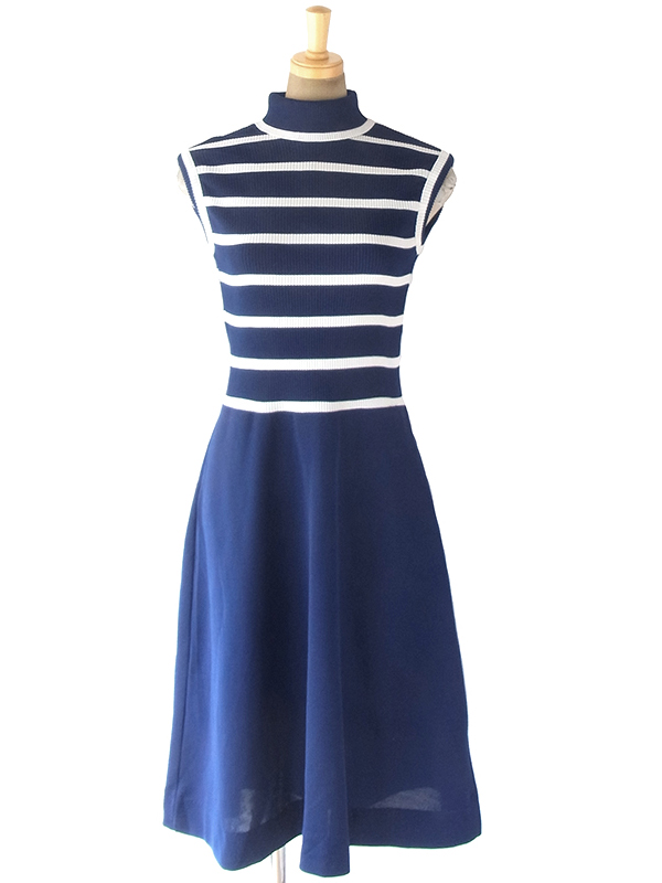 ヨーロッパ古着 ロンドン買い付け 70年代製 ネイビー X ホワイト ボーダー スカート切り返し ロールカラー ワンピース 18OM306