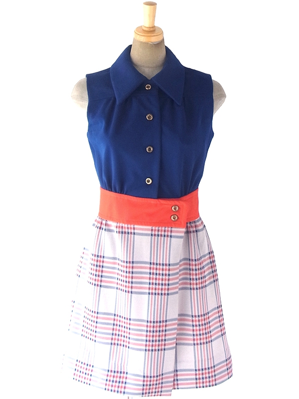 ヨーロッパ古着 ロンドン買い付け 70年代製 ネイビー X レッド チェックの前合わせスカート ヴィンテージ ワンピース 18OM307