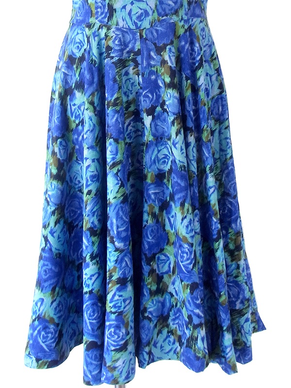 ヨーロッパ古着 ロンドン買い付け 70年代製 ブルー X グリーン 薔薇プリント フレア ワンピース 18OM317