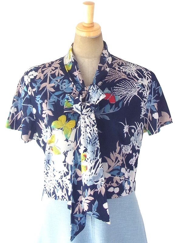 ヨーロッパ古着 ロンドン買い付け 70年代製 ネイビー 花柄 X 水色スカート 切り返し ボウタイ ワンピース 18OM336