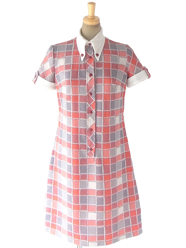 ヨーロッパ古着 ロンドン買い付け 70年代製 レッド・ベージュ・グレイ X ブロックチェックプリント レトロ ワンピース 18OM401