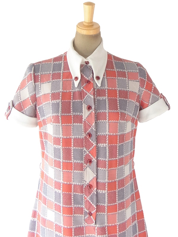 ヨーロッパ古着 ロンドン買い付け 70年代製 レッド・ベージュ・グレイ X ブロックチェックプリント レトロ ワンピース 18OM401
