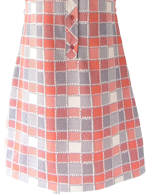 ヨーロッパ古着 ロンドン買い付け 70年代製 レッド・ベージュ・グレイ X ブロックチェックプリント レトロ ワンピース 18OM401