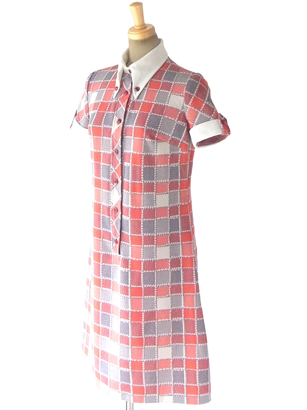 ヨーロッパ古着 ロンドン買い付け 70年代製 レッド・ベージュ・グレイ X ブロックチェックプリント レトロ ワンピース 18OM401