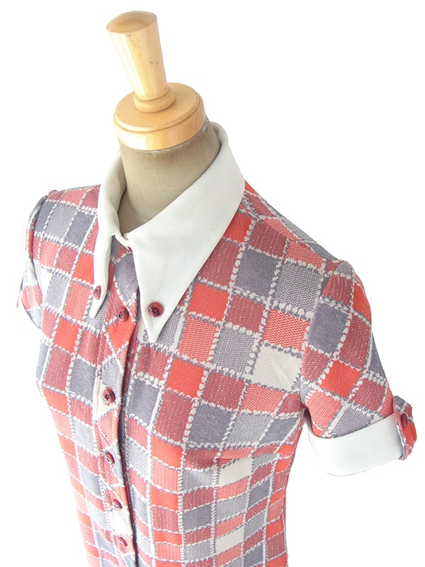 ヨーロッパ古着 ロンドン買い付け 70年代製 レッド・ベージュ・グレイ X ブロックチェックプリント レトロ ワンピース 18OM401