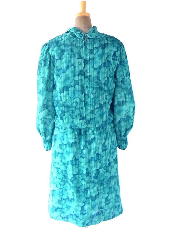 ヨーロッパ古着 ロンドン買い付け 70年代製 ターコイズブルー X 花柄・ストライプ カウルネック ワンピース 18SR004