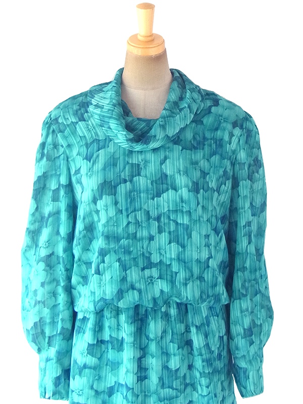 ヨーロッパ古着 ロンドン買い付け 70年代製 ターコイズブルー X 花柄・ストライプ カウルネック ワンピース 18SR008