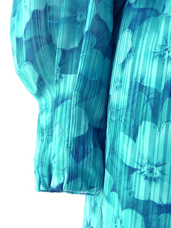 ヨーロッパ古着 ロンドン買い付け 70年代製 ターコイズブルー X 花柄・ストライプ カウルネック ワンピース 18SR012