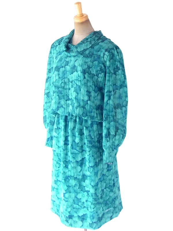 ヨーロッパ古着 ロンドン買い付け 70年代製 ターコイズブルー X 花柄・ストライプ カウルネック ワンピース 18SR013